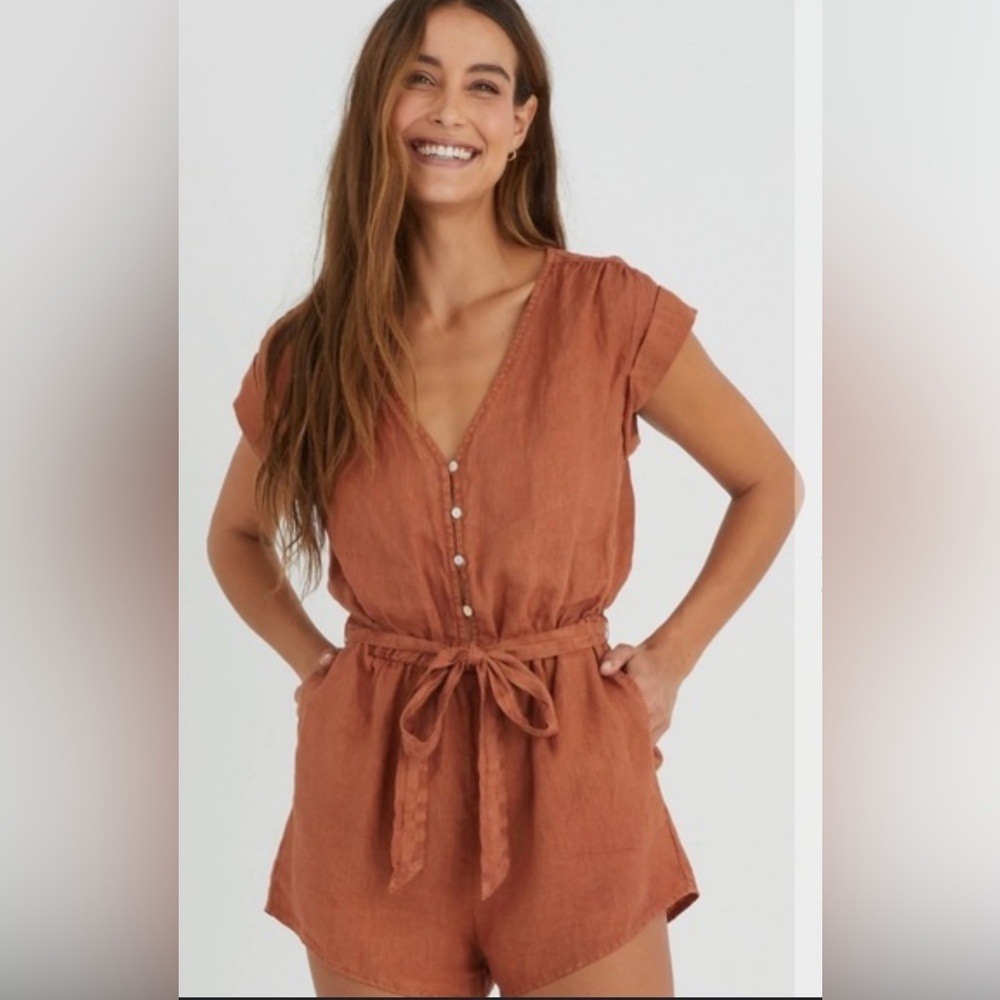 Anthropologie Orange Romper with Tie Waist and V-Neck